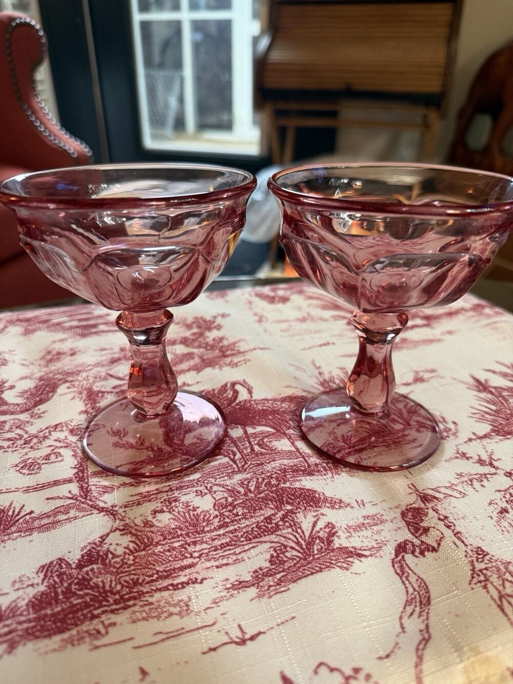 Unmarked Pink Pressed Glass Stemmed Champagne / Cocktail Glasses Set of 2 -GLOW